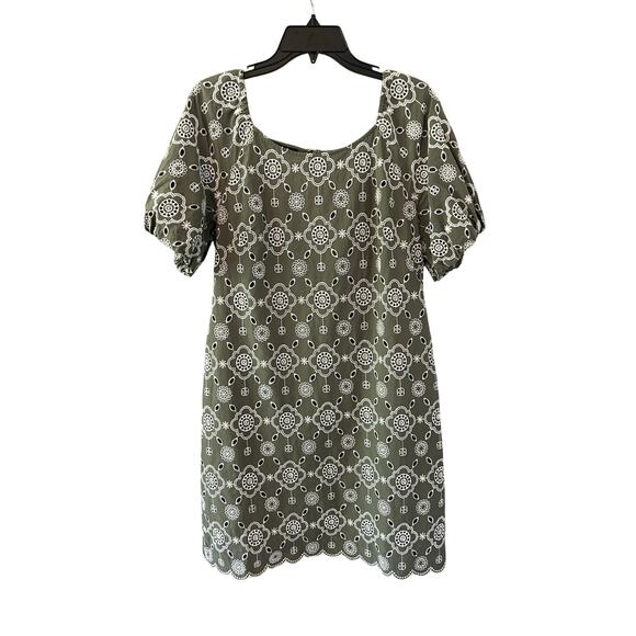 Talbots Green Embroidered Puff Sleeve Dress Size 10 Boho Eyelet Floral Shift - Picture 8 of 9